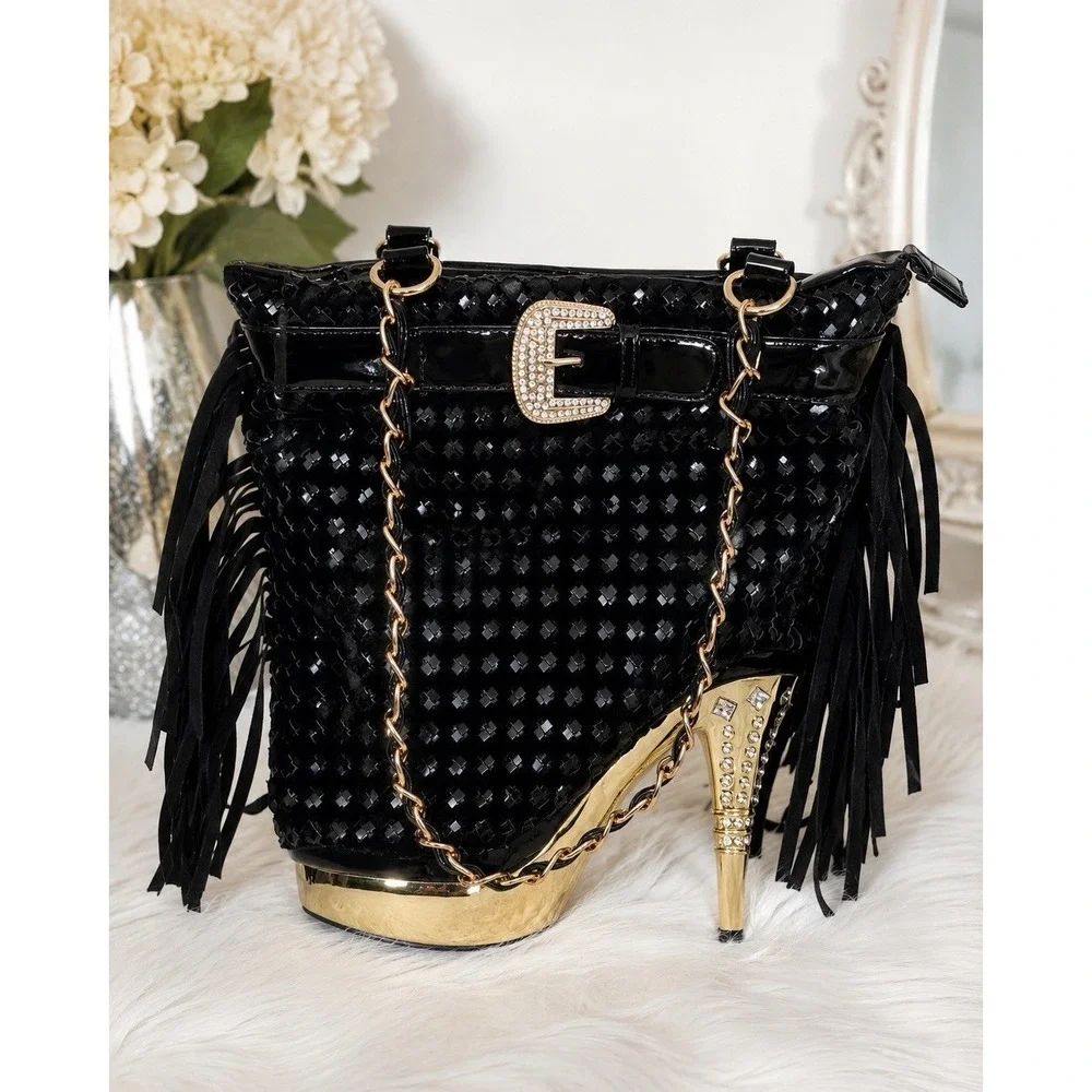 Rare Everything Blings Boutique Gold Stiletto Bling Handbag Black Fringe Purse